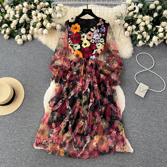 Vestido tutú de tul de malla con bordado Floral tridimensional de manga larga y cuello redondo de alta calidad para mujer cintura adelgazante de Organza