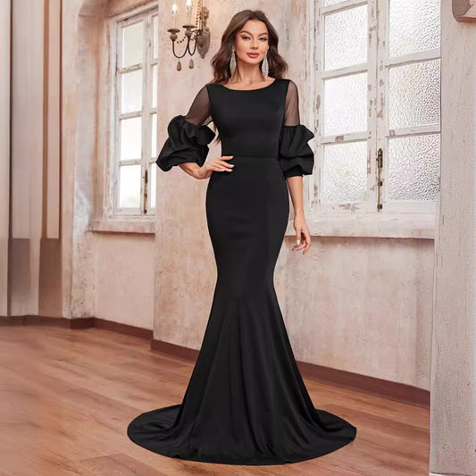 Women Simple Prom Evening Dress Crew Neck Long Sleeve Elegant Party Fishtail Dress Black Evening Dress