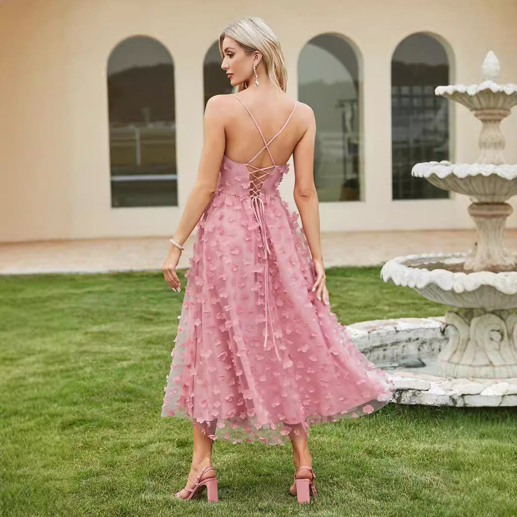 Robe d'été en tulle à bretelles pour femmes, ajourée, découpée, nouée, dos nu, élégante et sexy