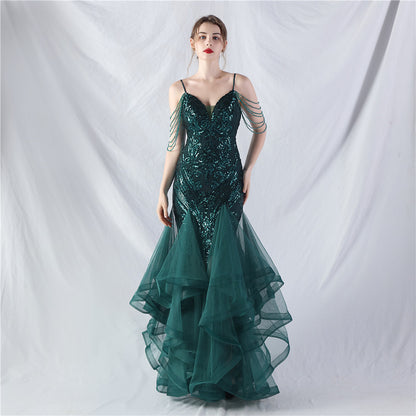 Robe de spectacle de célébration de danse en maille, perles artisanales, positionnement en filet dur, couture de paillettes florales