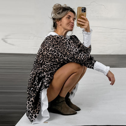 Vestido tipo jersey con volantes y cuello en V y mangas abullonadas con estampado de leopardo para mujer de primavera