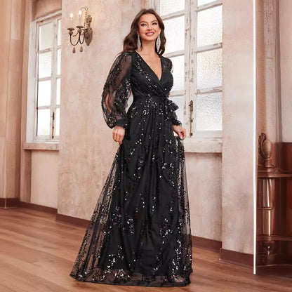 Ladies Elegant Prom Evening Dress Sequined Cross V Neck Long Sleeve Party Evening Dress