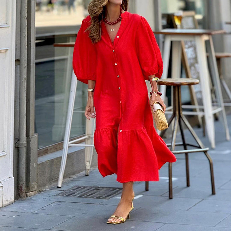 Robe mi-longue ample à manches bouffantes pour femmes, vêtements d'automne