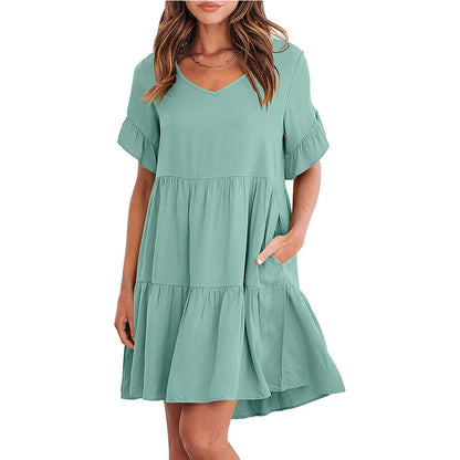 Women Summer Casual V Neck Little Girl Clothes Three Layer Pleated Dress