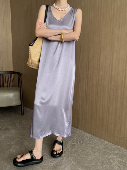 French High Class Elegant Tibetan Meat V Neck Draping Satin Rayon Slimming Sleeveless Dress