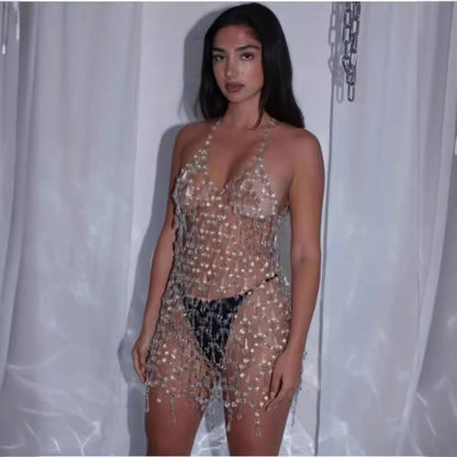 Vestido sexy sin espalda con costuras de gemas para mujer