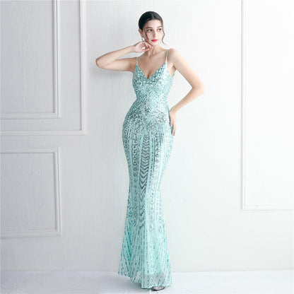 Positioning Floral Sling Party Sequined Dress Long Cocktail Slim Fit Evening Dress Fishtail Dress