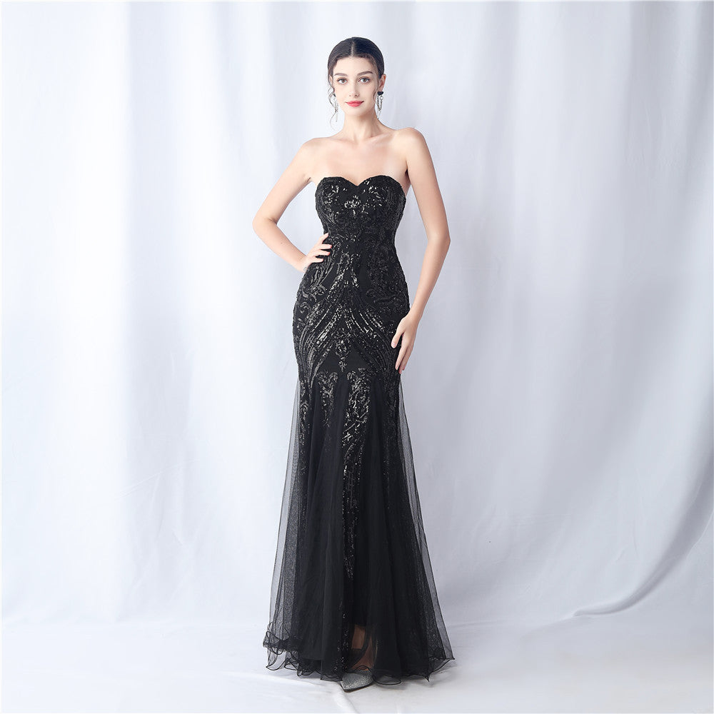 Floral Cutting Mesh Sequin Wedding Dinner Toast Annual Party Evening Dress