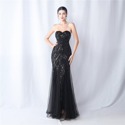 Floral Cutting Mesh Sequin Wedding Dinner Toast Annual Party Evening Dress