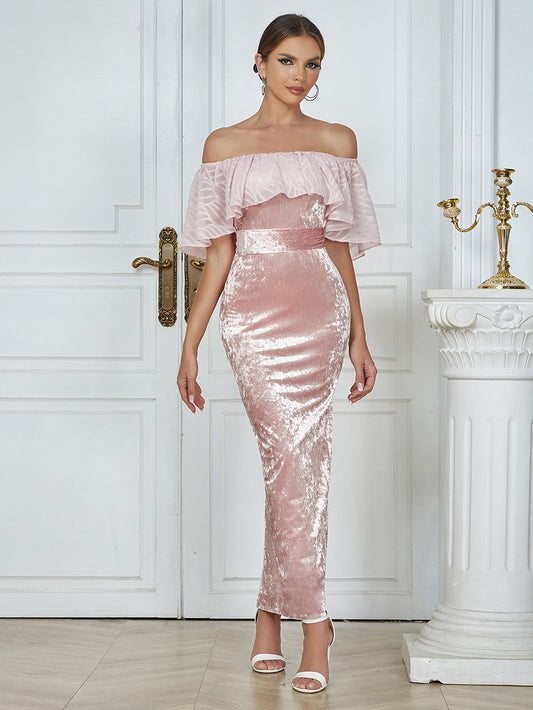 Robe de cocktail sexy en velours rose à volants et ceinture, automne