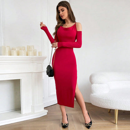 Knitted Shoulder Hollow Out Cutout Design Side Slit Slim Sheath Dress