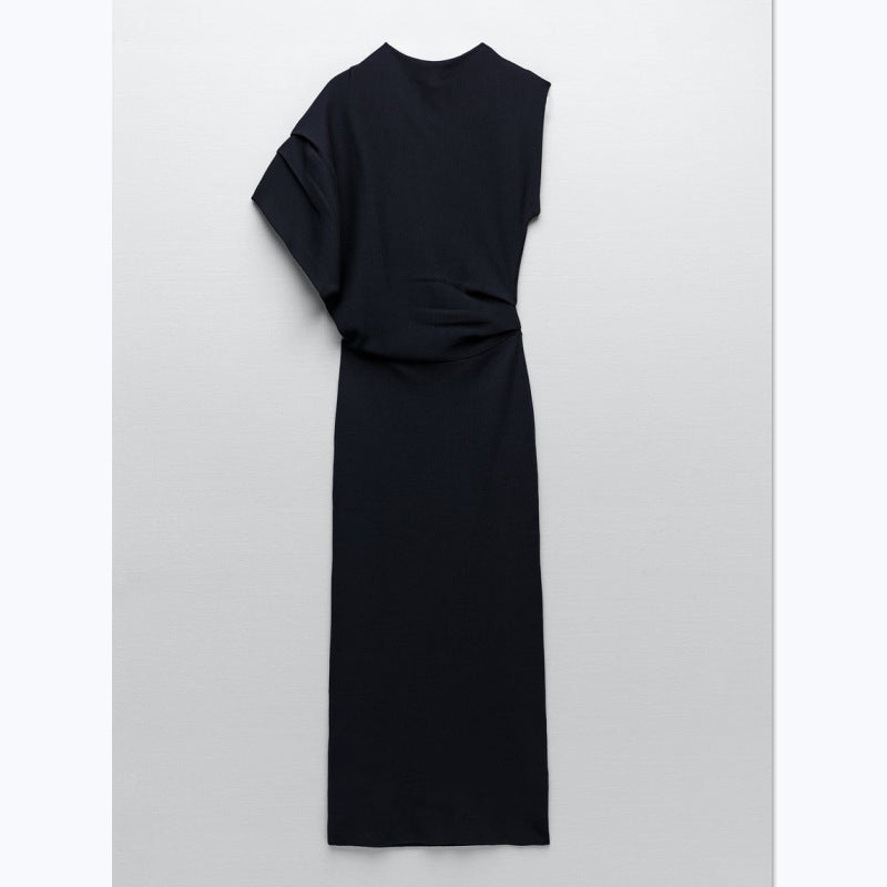 Vestido largo de punto negro fino con cintura ajustada y pliegues asimétricos de principios de otoño para mujer