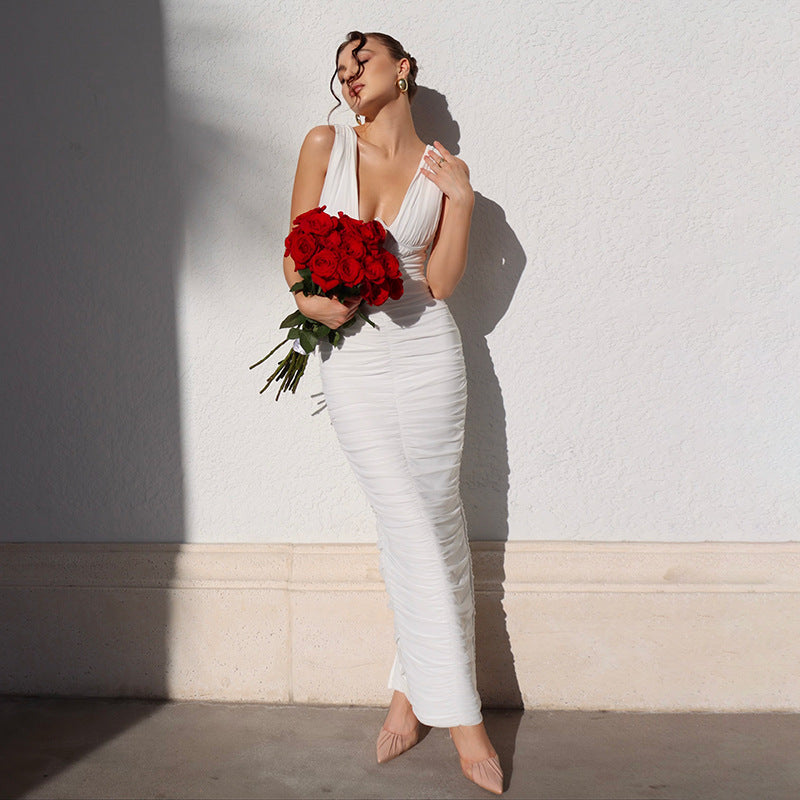 Vestido de primavera para mujer, vestido blanco de alta calidad, vestido de verano con escote en V profundo y cintura adelgazante, vestido sexy de vendaje