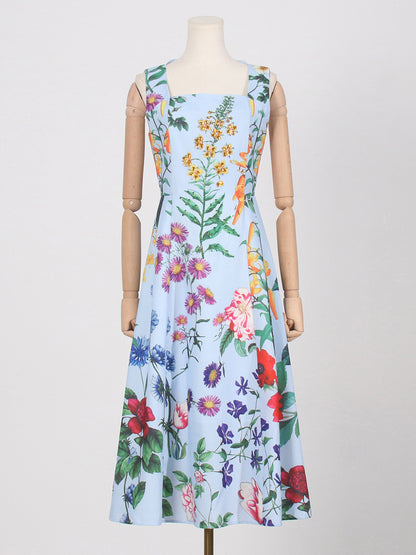 Vestido con estampado floral de plantas personalizado estilo europeo, cintura controlada, corte entallado, elegante, sin espalda, con cremallera y tirantes para bolso