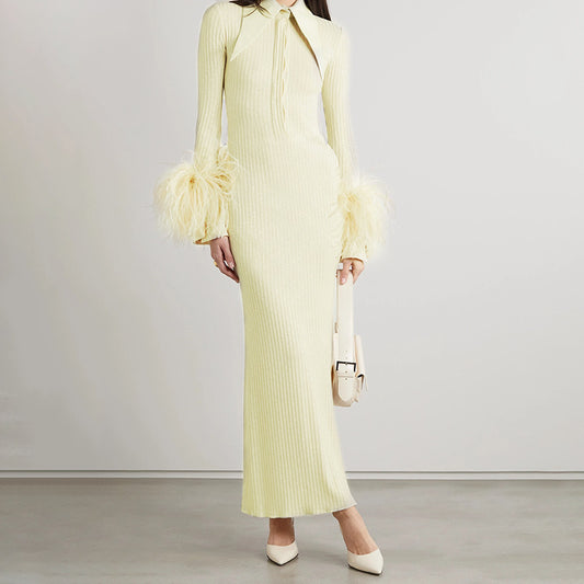 Robe une pièce jaune à manches longues, col montant élastique, poignets en plumes, vêtements longs pour femmes, automne hiver