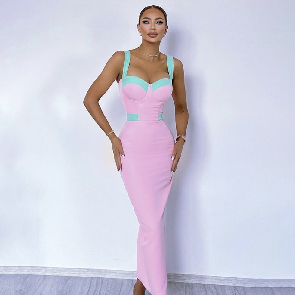 Robe longue bandage rose et verte, robe camisole sexy slim fit aux couleurs contrastées pour l'automne