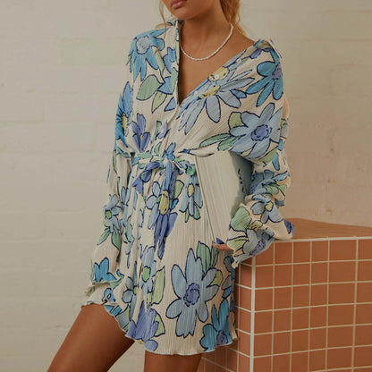 Summer Dress Floral Print Lace-up Turn-down Collar Single Breasted Cardigan Long Sleeve Dress Women