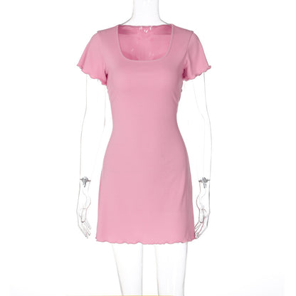 Women Clothing Summer Street Shooting Solid Color Slim Wave Edge Short Sleeve Dress