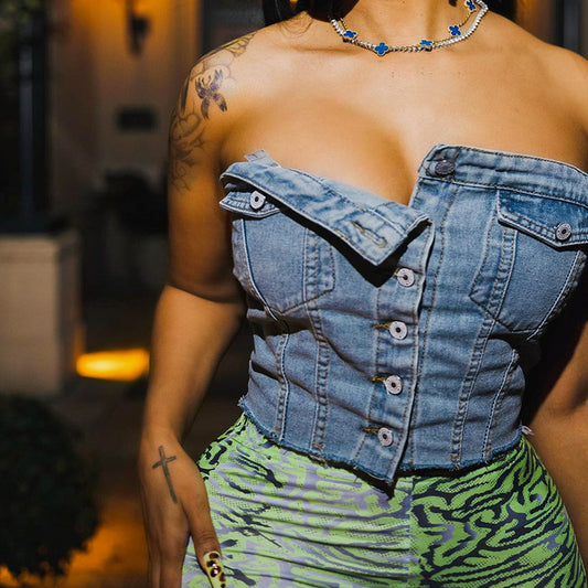 Corset élastique en Denim pour femmes, vêtements d'été de rue, haut à boutons