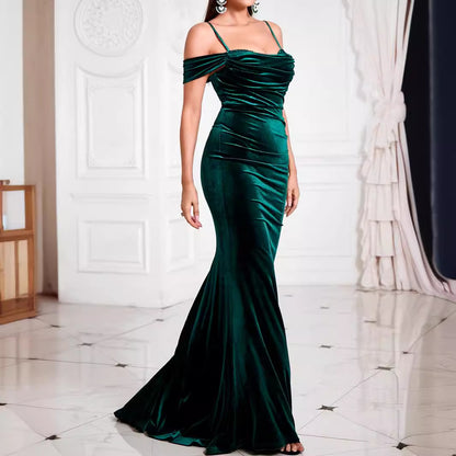 Vestido verde sexy con hombros descubiertos y espalda descubierta para mujer