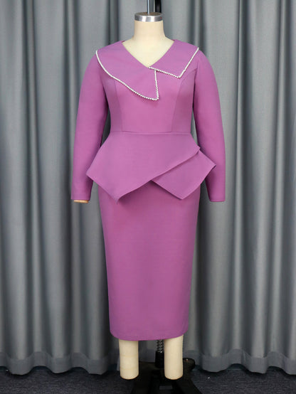 Elegant Purple Dress Ruffled Pearl Long Sleeve Dress