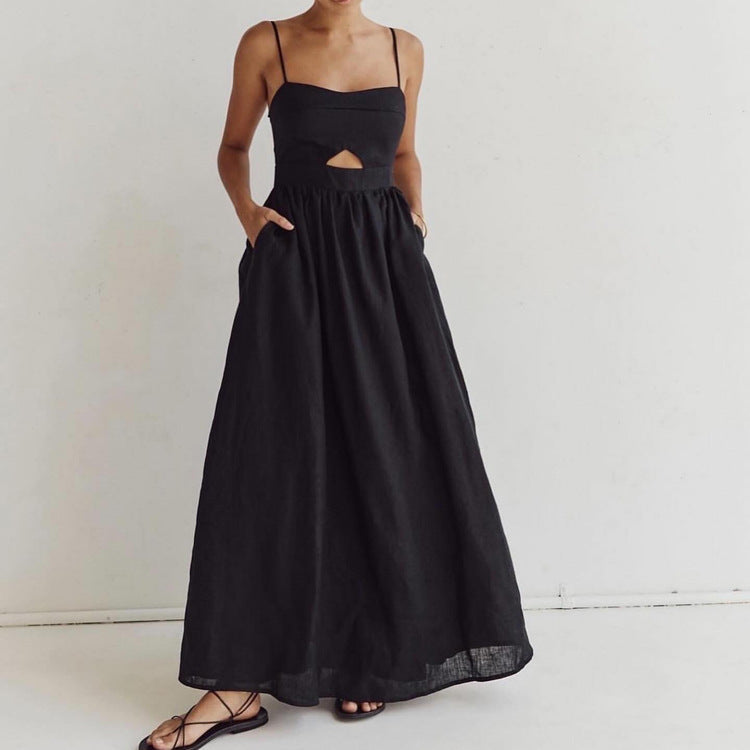 Robe longue noire respirante à taille haute pour femme, tenue de vacances, printemps, automne