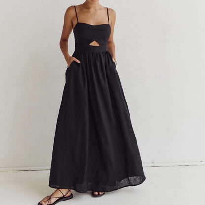 Vestido largo de cintura alta con tirantes transpirables negros para mujer para primavera y otoño