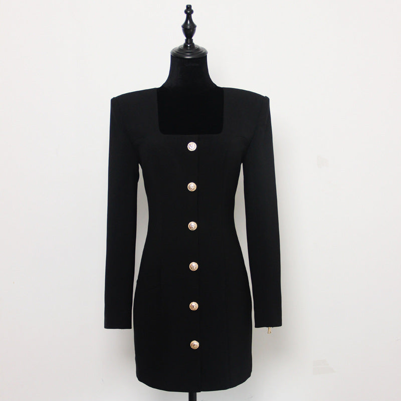 Spring Autumn Solid Color Square Collar Single Breasted Long Sleeve Zipper Short Women Dress