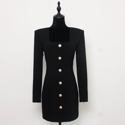 Spring Autumn Solid Color Square Collar Single Breasted Long Sleeve Zipper Short Women Dress