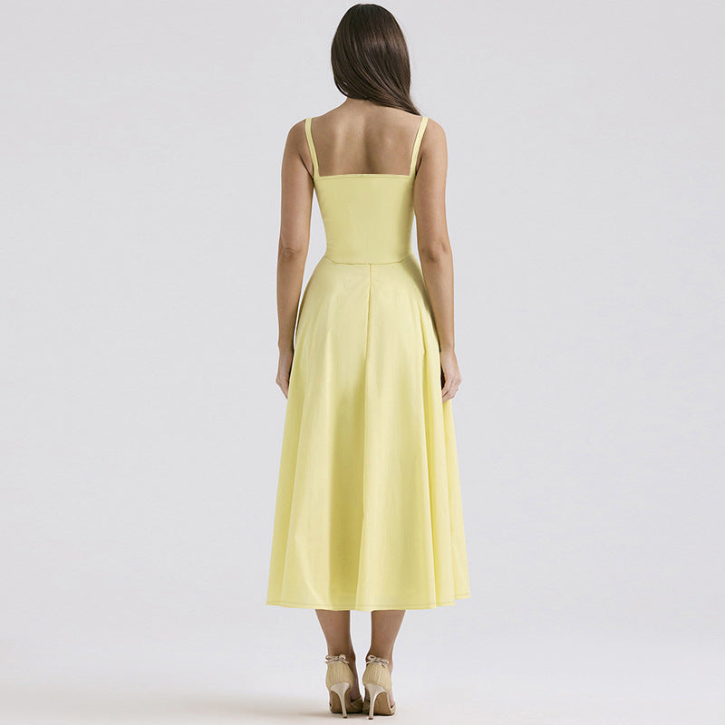 Vestido elegante de primavera con tirantes y abertura en las orejas de madera para mujer