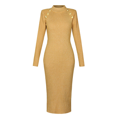 Spring Autumn Long Sleeve Round Neck Slim Mid Length Knitted Dress Bottoming Slimming Dress Women