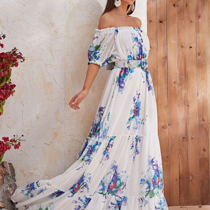 Robe longue en mousseline de soie à manches courtes et motif floral, robe longue de vacances décontractée à taille serrée, grande robe trapèze