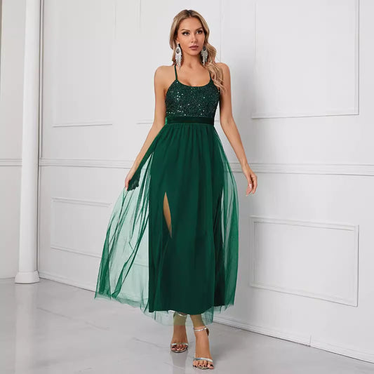 Vestido de noche elegante para mujer, vestido de fiesta de malla con costura y tirantes con lentejuelas