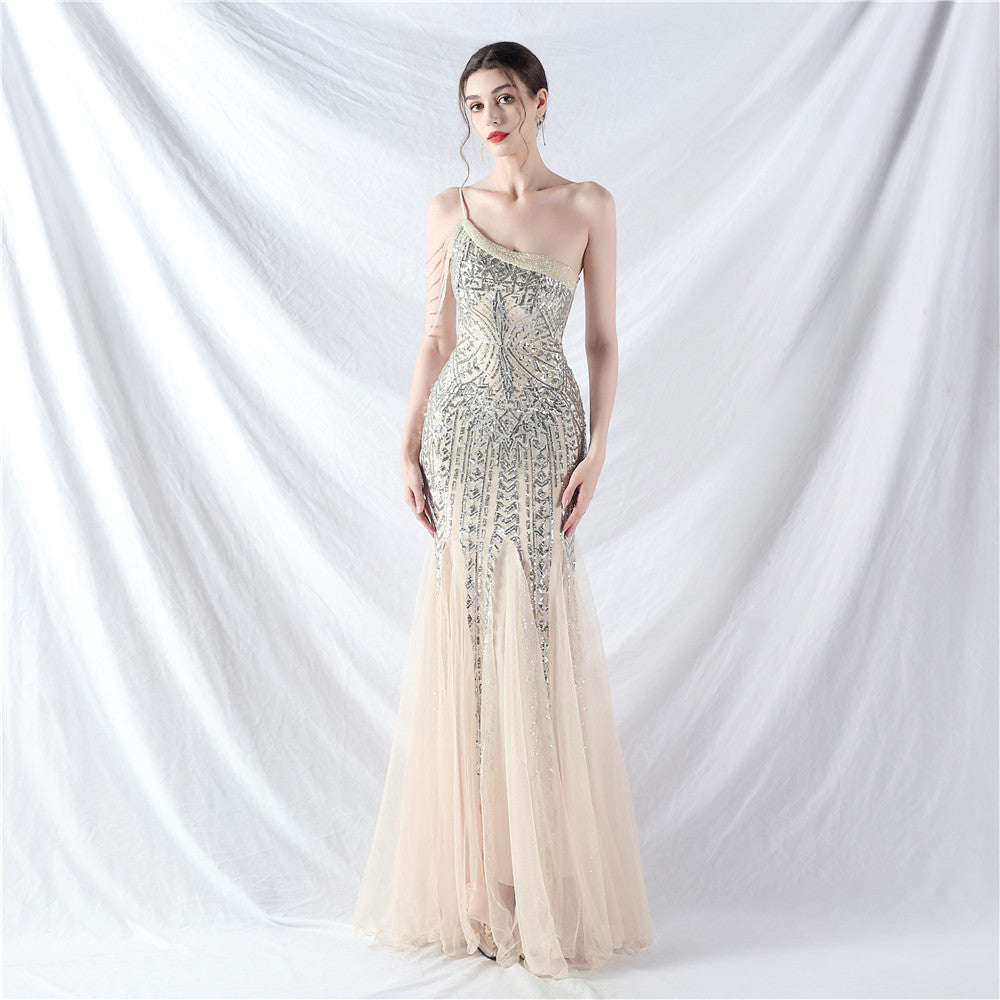 Dress Craft Beading Positioning Floral Sequin Stitching Mesh High-End Evening Dress