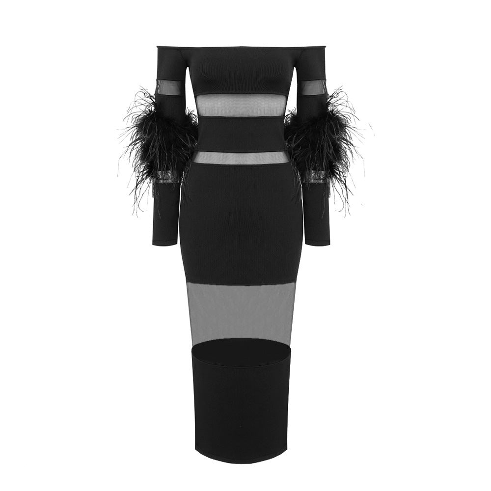 Sexy off Shoulder Mesh Stitching Feather Bandage Dress Party Cocktail Evening Dress Dress