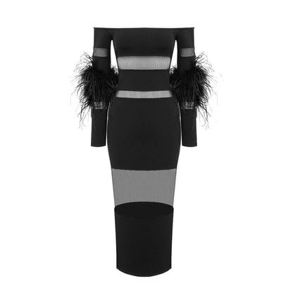 Sexy off Shoulder Mesh Stitching Feather Bandage Dress Party Cocktail Evening Dress Dress