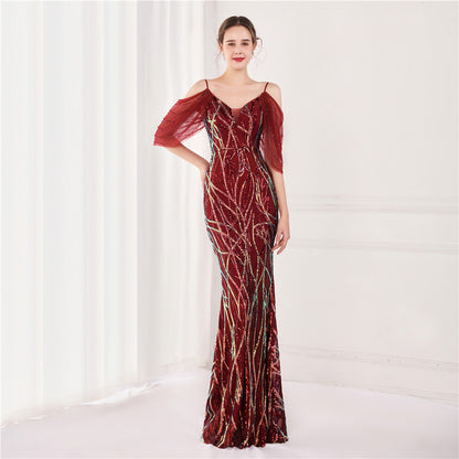 Colorful Sequin Toast Dress Bride Long Appreciation Dinner Slim Fit Fishtail Wedding Car Model Exhibition Dress