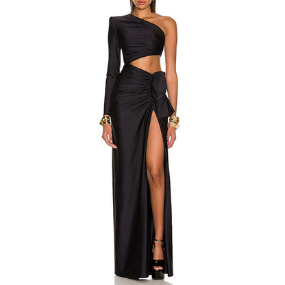 Sexy Socialite Gathering Dress Shoulder Collar Single Side Sleeve Side Leakage Waist Design Maxi Dress