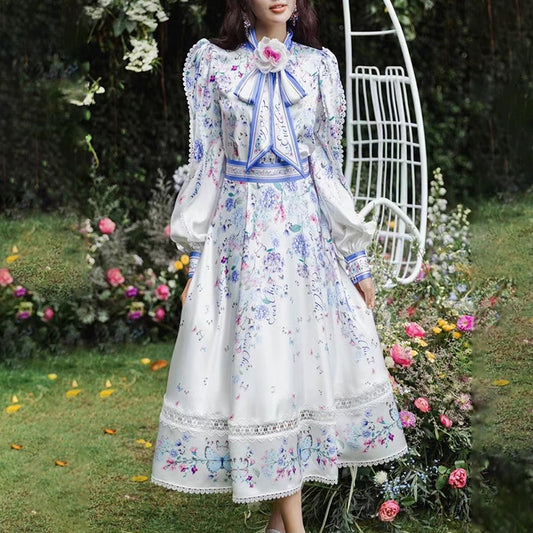 Vestido de manga larga con estampado floral y diseño floral con cordones y escote de otoño vintage francés