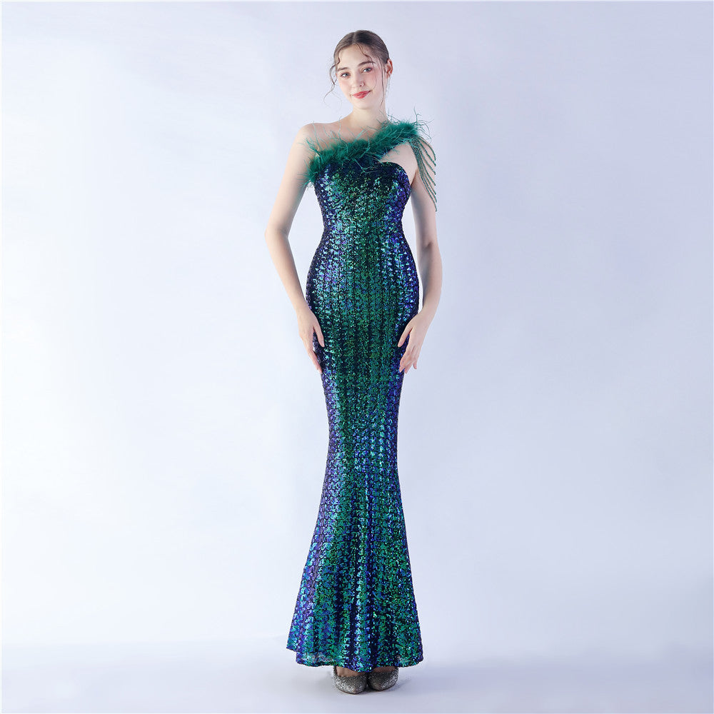 Ostrich Hair Beaded Magic Color Sequin Dinner Exhibition High End Evening Dress