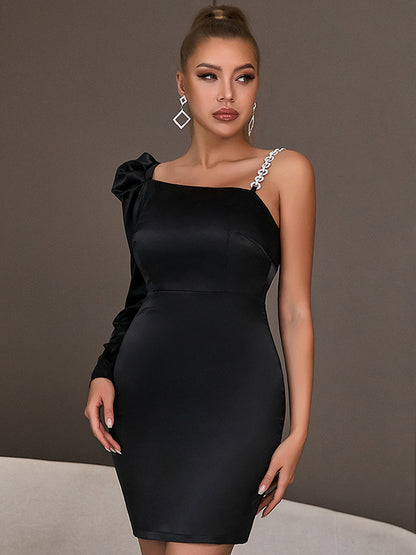 Vestido de verano negro de un solo hombro elegante para dama de manga larga con diamantes vestido de noche para discoteca fiesta socialité