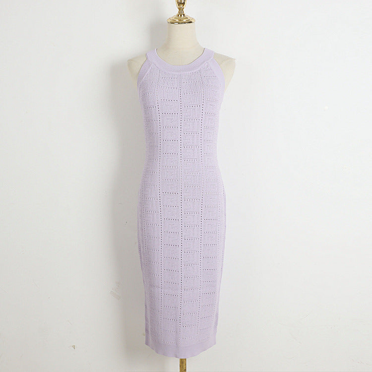 Taro Purple Knitted Halterneck With Suspenders Dress Women Early Summer Maze Slim Hollow Out Cutout Sleeveless Sheath Dress