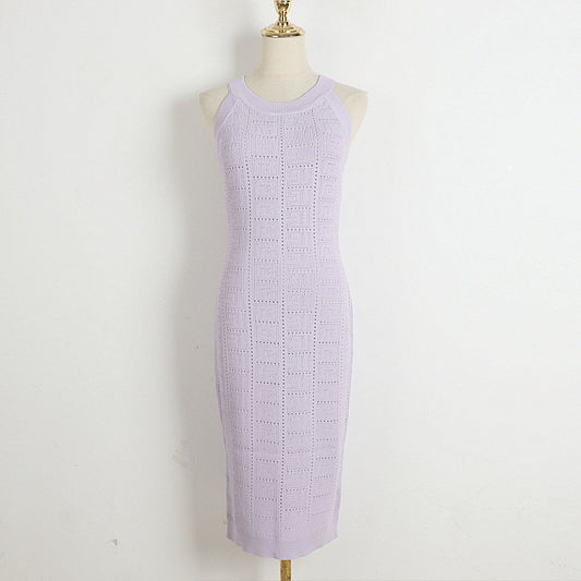 Taro Purple Knitted Halterneck With Suspenders Dress Women Early Summer Maze Slim Hollow Out Cutout Sleeveless Sheath Dress