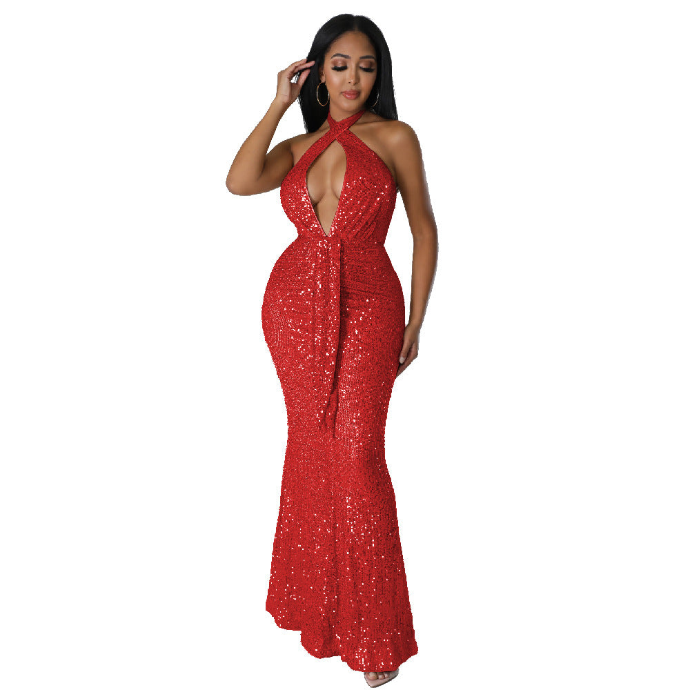 Dress Halter Cut out Ribbon Sequined Sexy Nightclub Dress