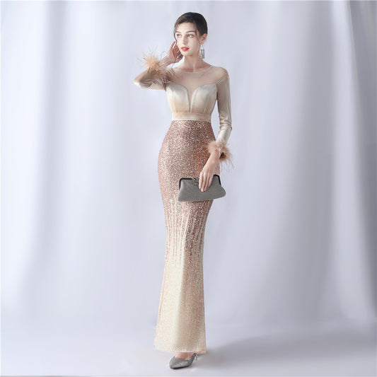 Gradient Bead Drilling Velvet High End Evening Dress