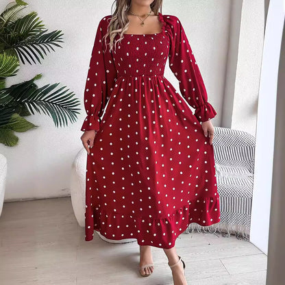 Real Shot Autumn Winter Casual Wooden Ear Square Collar Polka Dot Large Swing Dress Women