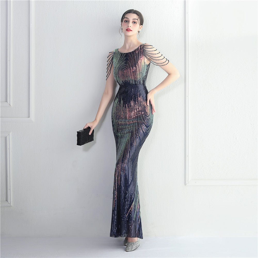 Positioning Floral Sequin Craft Beaded Sexy Party Dinner Ceremony Concert Maxi Dress Evening Dress