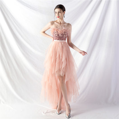 Hand Ordered Ostrich Feather Positioning Floral Sequin Mesh Front Short Back Long Wrapped Chest Evening Dress