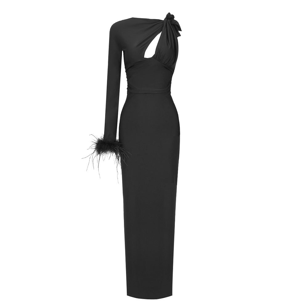 Spring Summer Black Long Sleeved Hollow Out Cutout out One Shoulder Feather Dress Women Clothing Dress