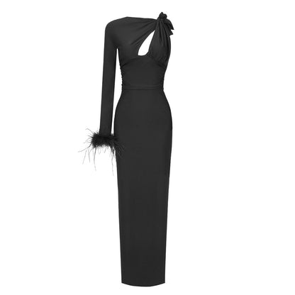 Spring Summer Black Long Sleeved Hollow Out Cutout out One Shoulder Feather Dress Women Clothing Dress